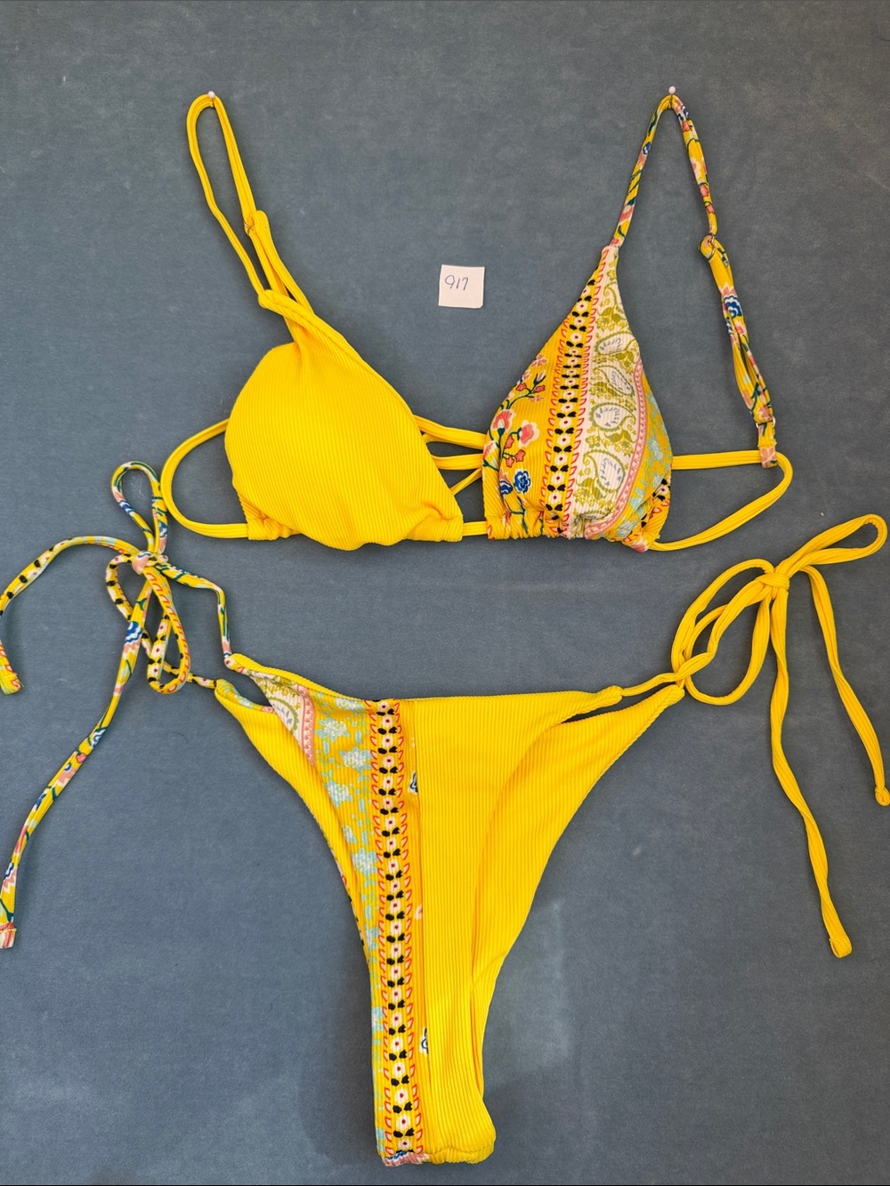 Beach Babe Yellow Paisley Accent Ribbed String Bikini